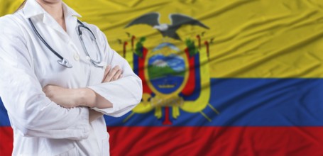 Doctor with crossed arms on Ecuador flag. Ecuadorian health and care concept. Female doctor on