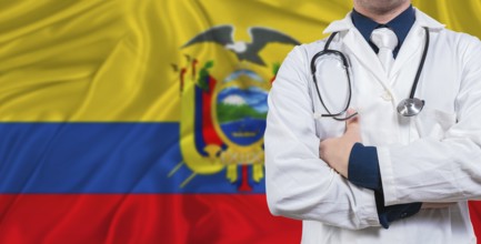 Male doctor with stethoscope on Ecuador flag. Doctor holding stethoscope on Ecuador flag