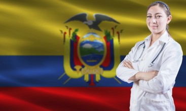 Female doctor on Ecuador flag. Doctor with crossed arms on Ecuador flag. Ecuador health and care