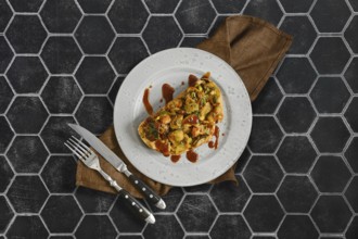 A delicious sandwich features honey mushrooms, enoki mushrooms, champignon, and fresh leek. It is