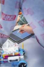 Person drawing with a stylus on a tablet, Jugend Forschungszentrum Nagold, Calw district, Germany