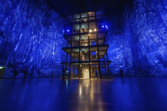 A large wooden structure in a blue-lit artificial forest backdrop, Amazonia exhibition, Gasometer,