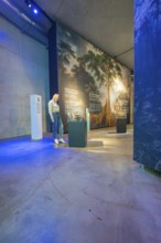 Woman looking at a large painting of a tree in a museum with blue lighting, Amazonia exhibition,