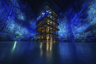 A multi-storey wooden building with blue jungle projection and artificial lighting, Amazonia