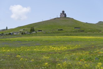 Small church on a hill with blooming meadow in the foreground, Saint Sargis Church, Tsaghkunk,