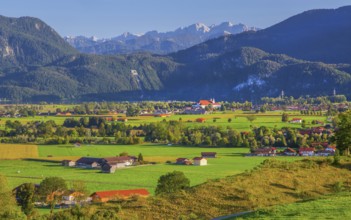 Landscape with view of the monastery village of Schlehdorf in the foothills of the Alps, GroÃŸweil,