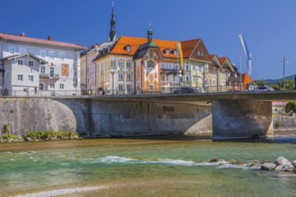 Isar bank with Isar bridge and Marienstift or Krugledererhaus, Bad Tölz. Isartal, Upper Bavaria,