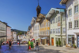 Historic market street with typical gabled houses, Bad Tölz. Isartal, Upper Bavaria, Bavaria,