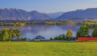 Panorama of Staffelsee with Estergebirge and Wetterstein Mountains, Uffing am Staffelsee, The Blue
