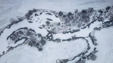 Winter landscape in frost, floodplain landscape, meander, icy, snowy, frost, frozen, river