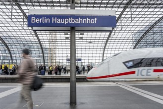 Central Station in Berlin, passengers on the platform, ICE train arrives, Germany