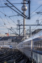 Railway line in Berlin, east of FriedrichstraÃŸe station, looking east, Berlin TV tower, ICE train