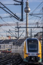 Railway line in Berlin, east of FriedrichstraÃŸe station, looking east, Berlin TV Tower, ODEG Zug