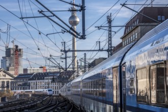 Railway line in Berlin, east of FriedrichstraÃŸe station, looking east, Berlin TV tower, ICE train