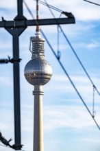 Railway line in Berlin, east of FriedrichstraÃŸe station, looking east, Berlin TV Tower
