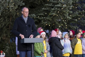 Friedrich Merz (CDU, Federal Chancellor of the Federal Republic of Germany) speaks in front of the