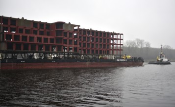 Tugboats transport parts of a ship in fog through the Kiel Canal, NOK, Kiel Canal, Kiel Canal,