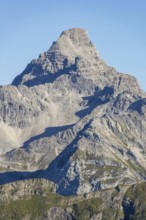 Mountain panorama from the Koblat-HÃ¶henweg on the Nebelhorn across the Obertal with lush green