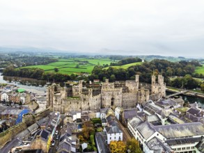 Caernarfon Castle from a drone, Caernarfon, Gwynedd, North-West Wales, UK