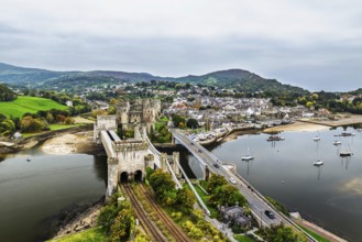 Conwy Castle over River Convy from a drone, Convy, North Wales, England, United Kingdom