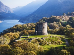 Autumn over Ruins of Dolbadarn Castle from a drone, Llanberis, Llywelyn, North Wales, UK