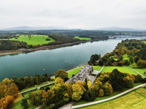 Autumn over Plas Newydd House from a drone, Gardens and Parkland, Llanfairpwllgwyngyll, Anglesey,
