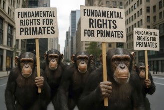 A group of chimpanzees demonstrates and demands basic rights for primates, symbolic image law,