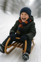 A boy sledges down a hill laughing happily on a sled, symbolizing winter, winter sports, sledding,