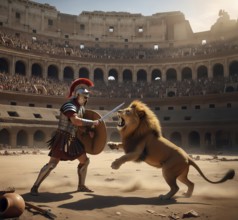 A gladiator with helmet, shield and sword fights against a lion in a Roman arena, symbol ancient,
