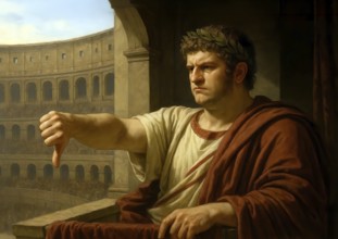 The Roman Emperor Nero lowers his thumbs in the ancient arena in which gladiator fights take place,
