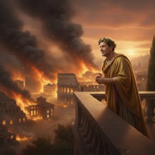 The Roman Emperor Nero looks at the fire of Rome from Palatine Hill, symbolic image of Empire,