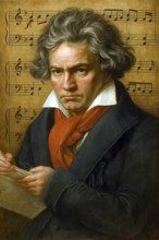 Portroet Ludwig van Beethoven, composer and pianist in front of sheet music, musician, genius,