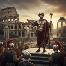A Roman emperor, an emperor, gives a speech in front of the Colosseum in Rome, symbolic image of
