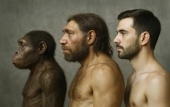 Human development, an Australopithecus, a Neanderthal and a Homo sapiens in comparison, symbolic
