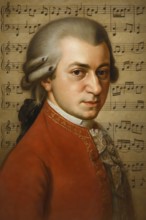 Portrait of composer Wolfgang Amadeus Mozart in front of musical notes, symbol of music, musician,