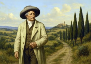 Johann Wolfgang von Goethe in front of an Italian landscape, symbolic image poet, politician,