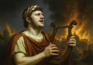 The Roman Emperor Nero plays the lyre and sings about the fire of Rome, symbolic image Empire,