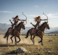 Two Amazons ride on horses and armed with bows and arrows, symbolic image warrior, female rider,