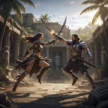 An Amazon fights with the sword against a man, a warrior, symbol warrior, horsewoman, Greek