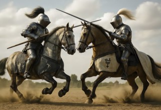 Two knights in armor and with helmet and lance ride and fight each other in a medieval tournament,