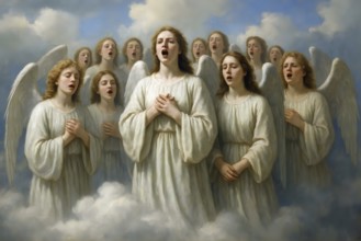 A choir of angels sings on a cloud in the sky, symbolic picture kitsch, music, song, angel chorus,
