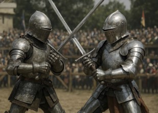 Two knights in armor and with helmet and sword fight each other in a medieval tournament, symbol