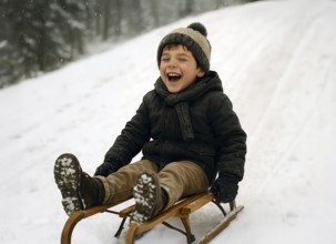 A boy sledges down a hill laughing happily on a sled, symbolizing winter, winter sports, sledding,