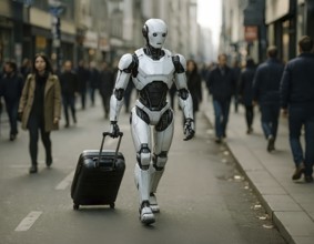 Symbolic picture, a humanoid robot with luggage and suitcase on the way to a trip, cybernetics,