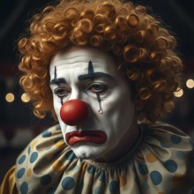 A sad clown with a tear on his face, symbolic image sad, music, musical clown, circus, makeup,