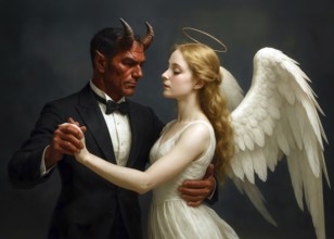 An angel and a devil dance together, symbolic image contrast, opposites, heavenly, devilish,