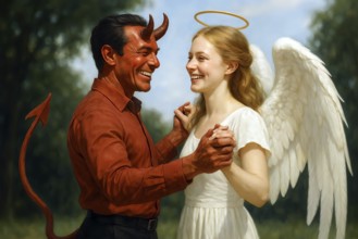 An angel and a devil dance together, symbolic image contrast, opposites, heavenly, devilish,