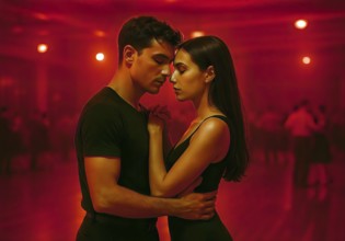 A young couple in love dances under red light, symbolic picture, dance, love, couple, affectionate,
