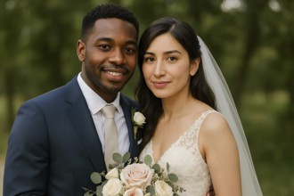A bridal couple, a person of color and a European woman in a suit and wedding dress with veil and