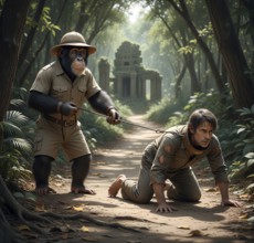 A chimpanzee leads a human, a man, on a leash, symbolic image, domination, slavery, pet,